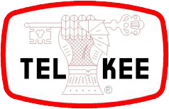 Hand holding key over "TELKEE" text logo.
