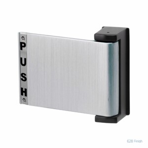 Silver door push plate with black end caps.
