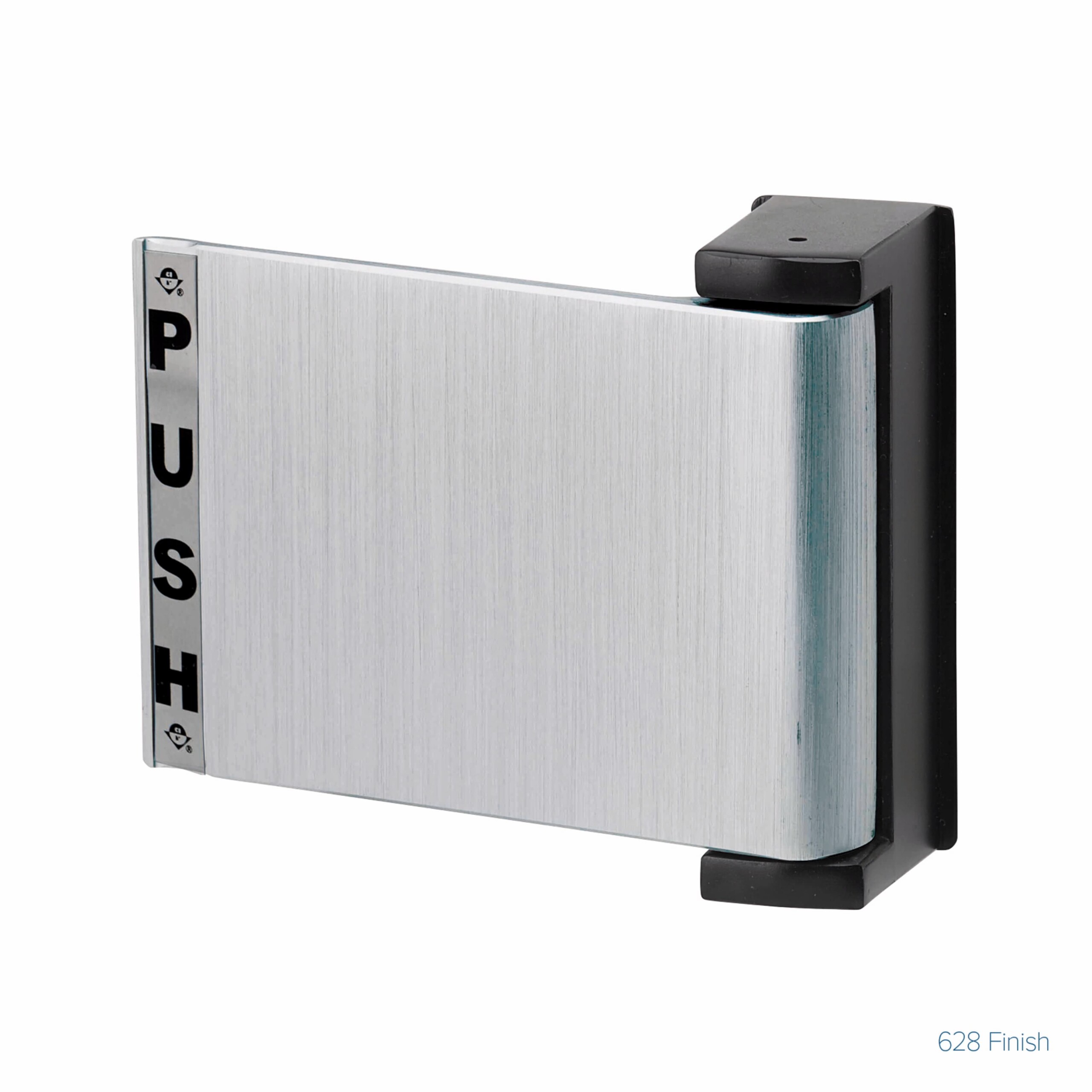 Silver door push plate with black end caps.