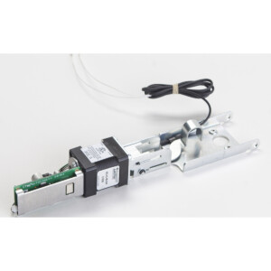 Metallic door latch mechanism with black wire attached.