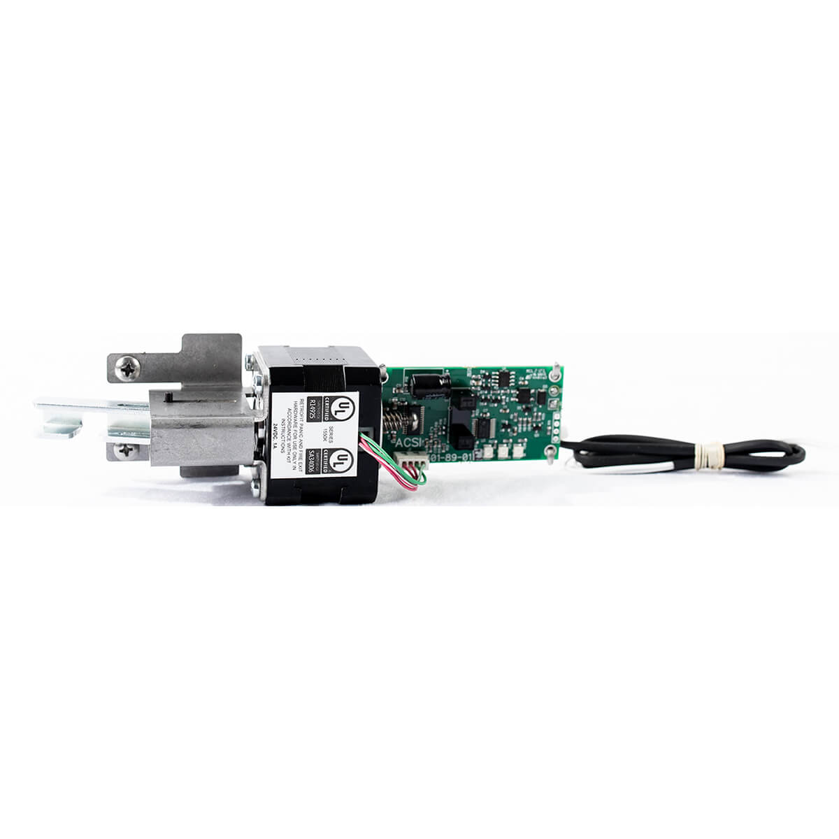 Electronic door lock mechanism with circuit board attached.