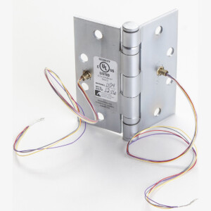 Metal security hinge with multicolored wires extending outward.
