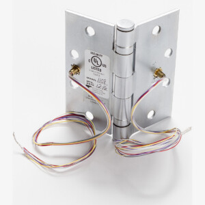 Metal door hinge with attached multicolored wiring.