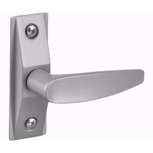 Modern silver door handle with rectangular mount.