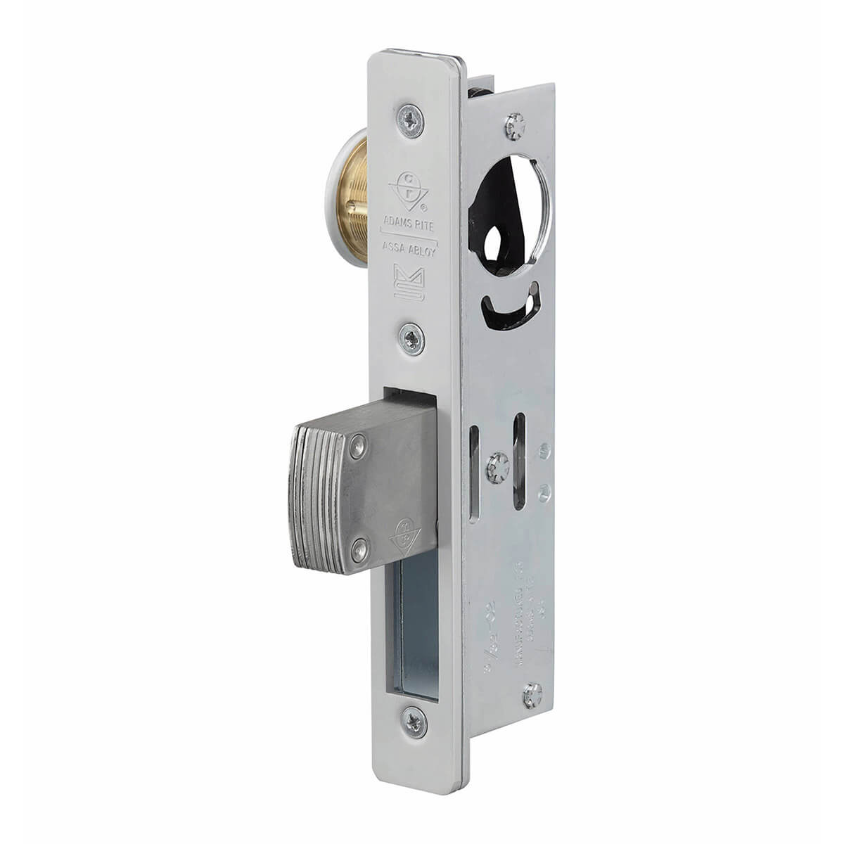 Metal door lock mechanism with protruding latch.