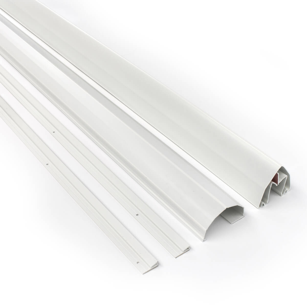 White security door hardware pieces arranged on a surface.