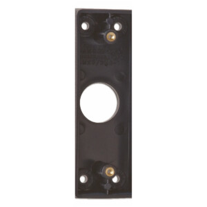 Black metal door mounting bracket with screw holes.