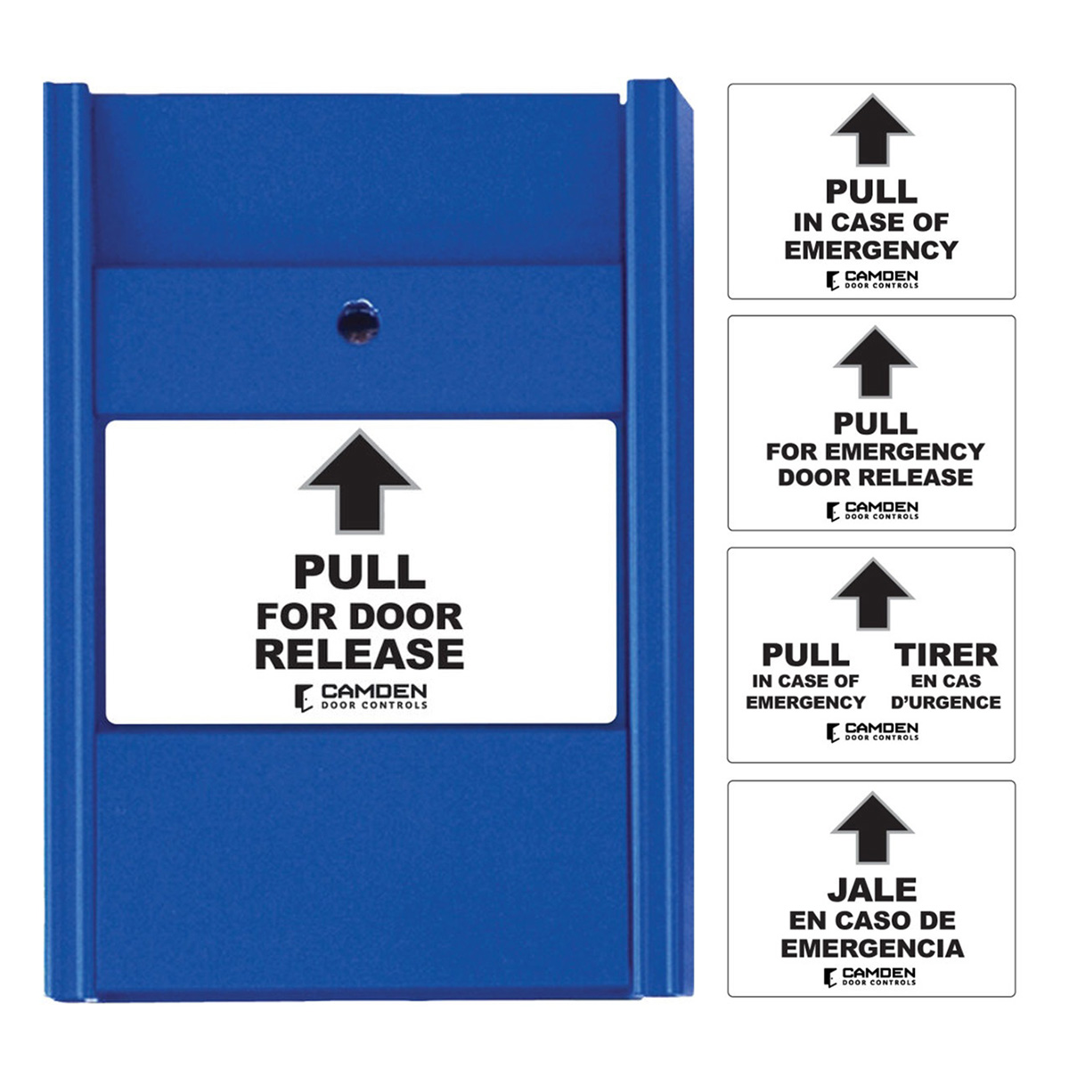Blue emergency door release with pull instructions displayed.