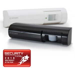 Two security motion sensors, one white, one black.