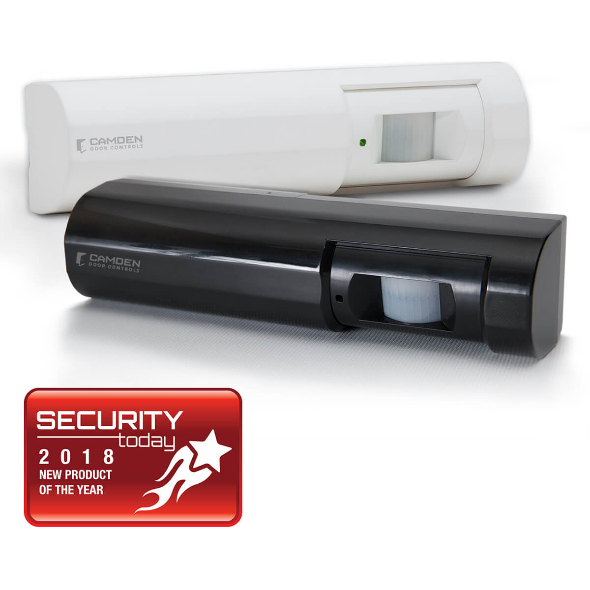 Two security motion sensors, one white, one black.