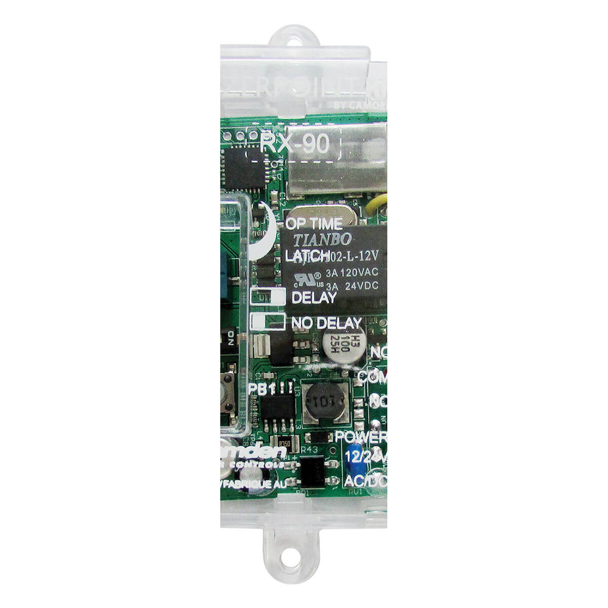 Electronic door security hardware circuit board with components.