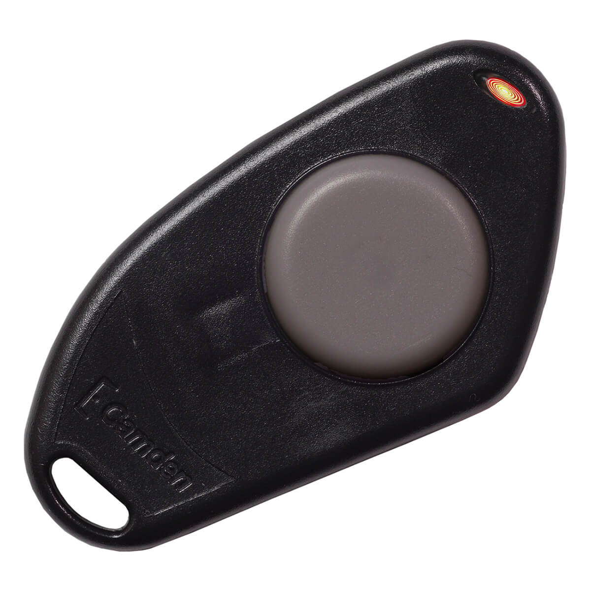 Black key fob with circular button and LED.