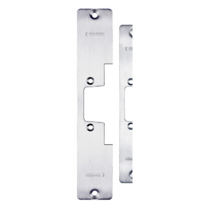 Metal door strike plate, Camden Door Controls branding.