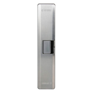 Silver door latch with sleek, modern design.