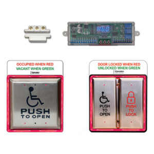 Accessible door buttons with status indicators.