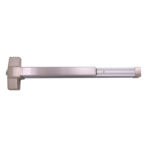 Silver door push bar for emergency exit.