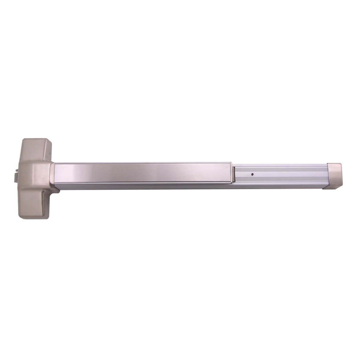 Silver push bar for emergency door exit.