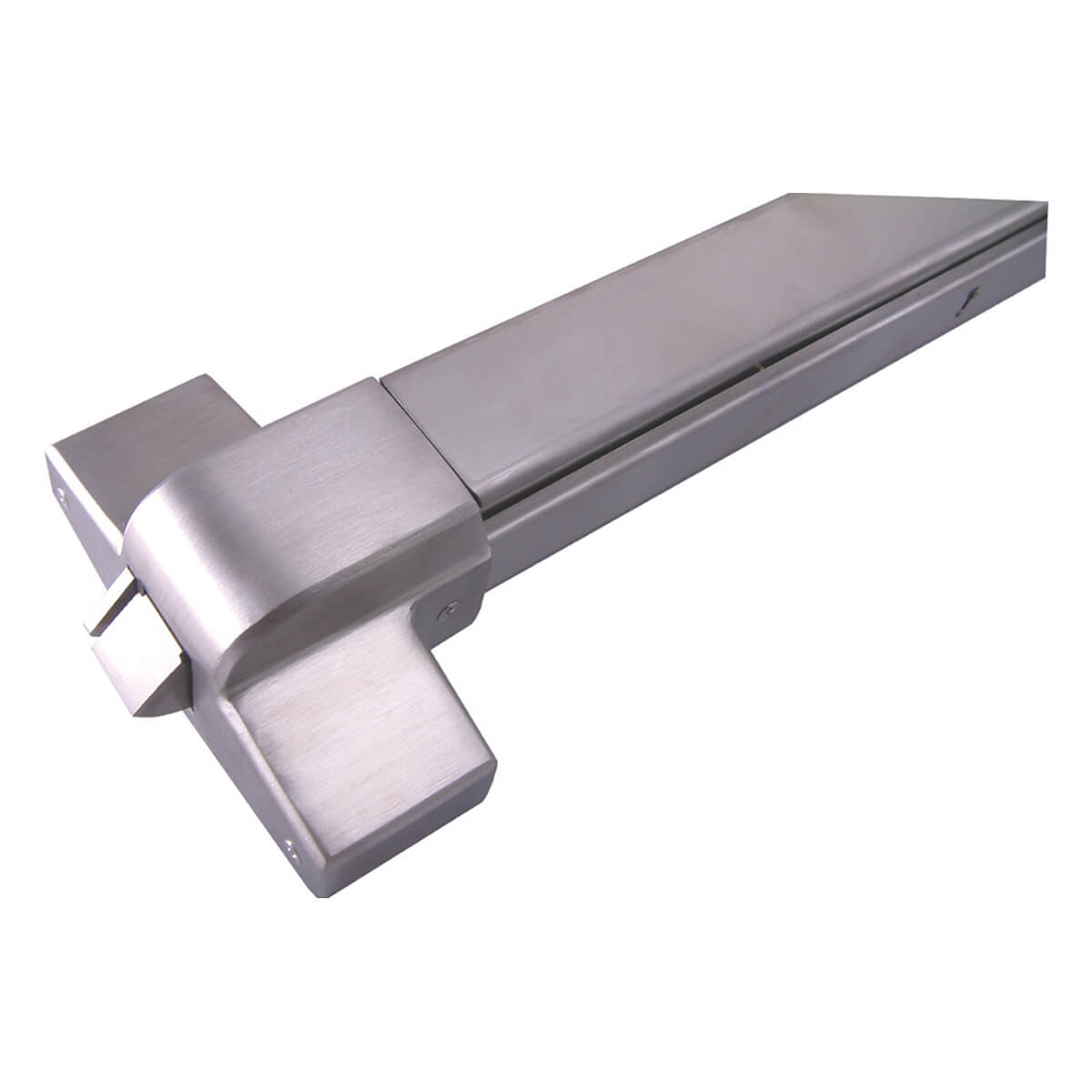 Silver door push bar mechanism for security.