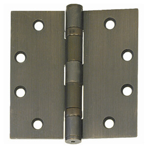 Brass door hinge with screw holes, front view.