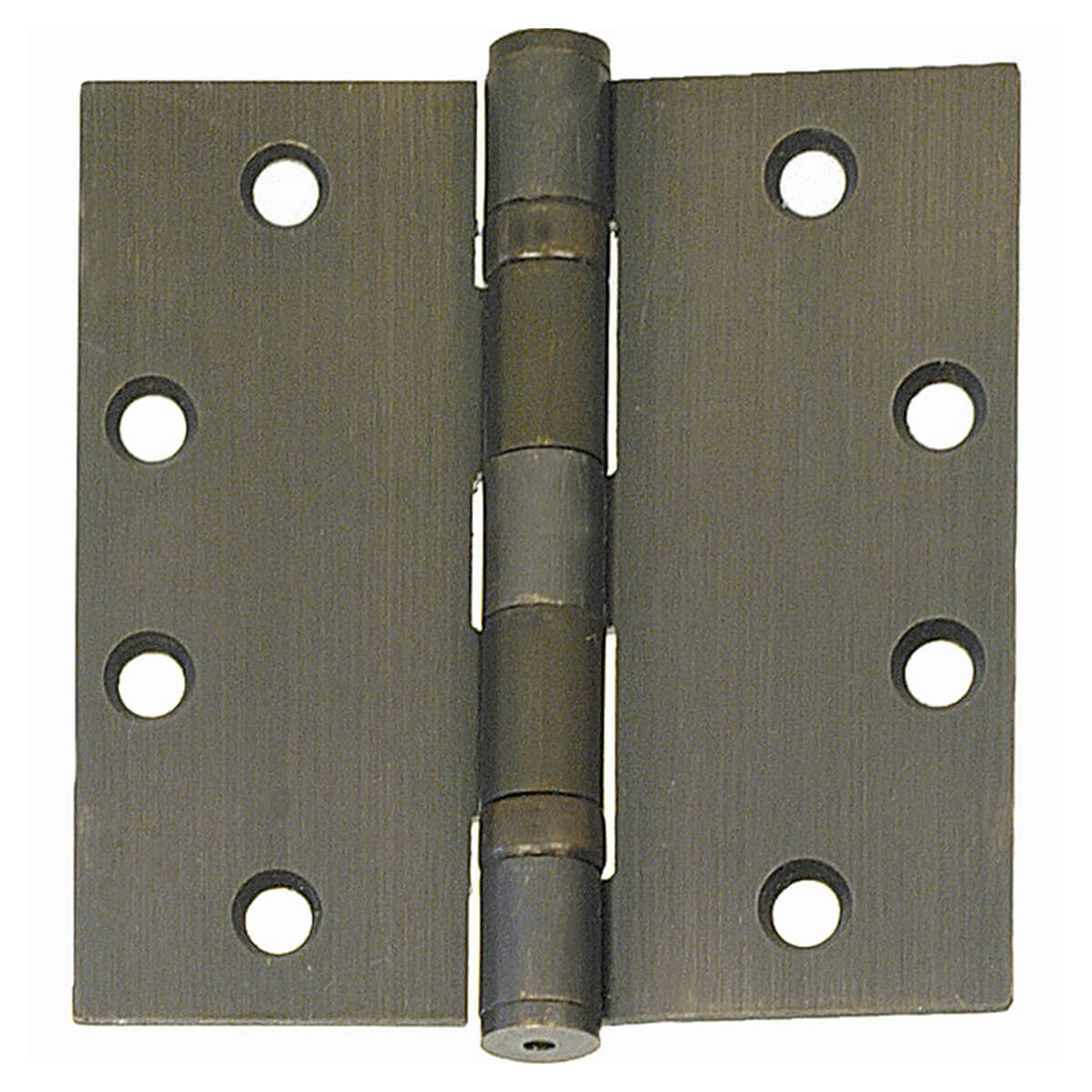 Brass door hinge with screw holes, front view.