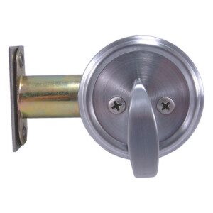Stainless steel deadbolt lock on white background.