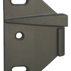 Metal door latch with mounting holes, close-up view.