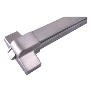 Metallic door push bar with latch mechanism.