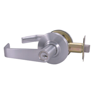 Silver door lever lock with a visible keyhole.