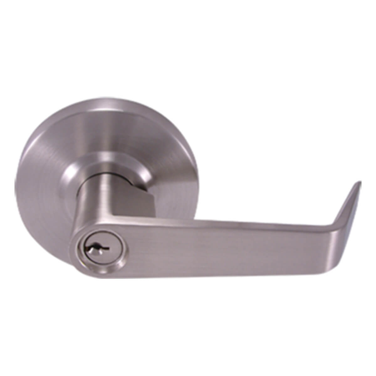 Stainless steel door handle with keyhole visible.