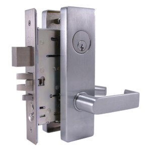 Silver door lockset with handle and keyhole.