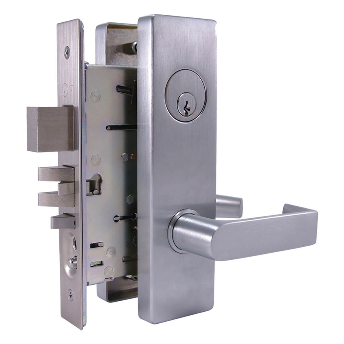 Silver door lockset with handle and keyhole.