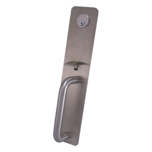 Metallic door handle with thumbpiece entry trim