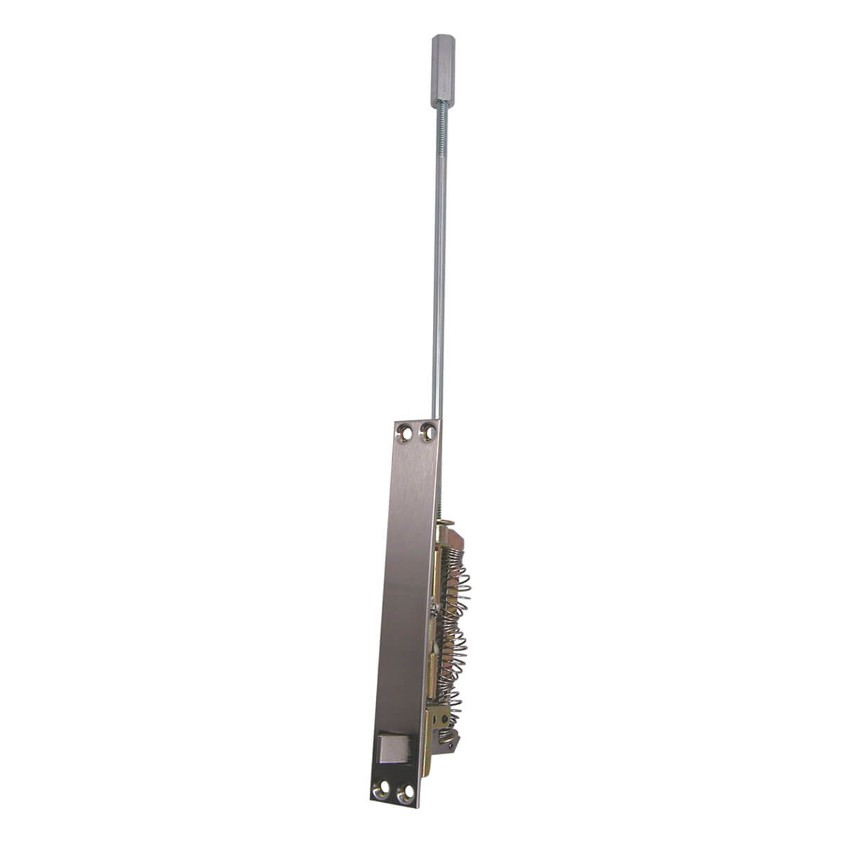 Metal door latch bolt with visible tension spring.