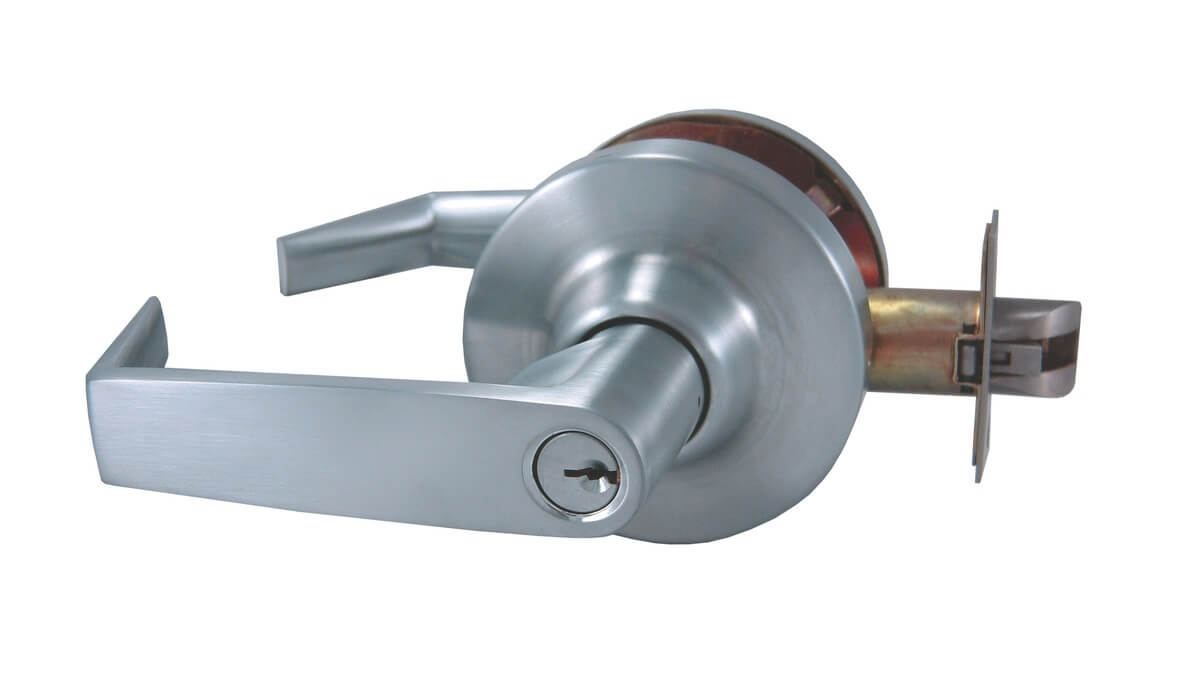 Silver door handle lock with keyhole.