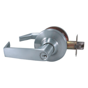 Silver door lever with a cylindrical lock mechanism.
