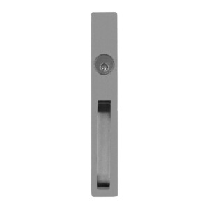 Metal door pull handle with key lock above.