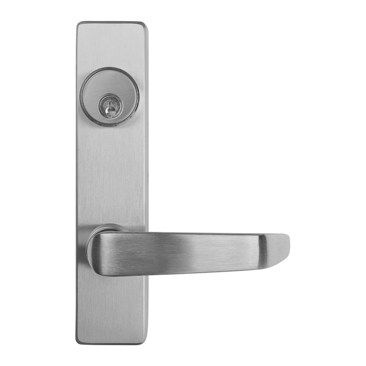Silver door handle with rectangular backplate, facing right.