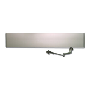 Silver door closer mechanism with adjustable arm.