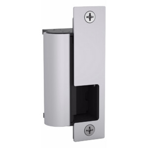 Silver door hinge with two visible screws.