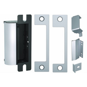 Door hardware components laid out for assembly.