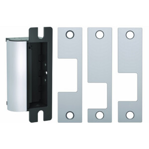 Silver hinge and plates for secure door installation.