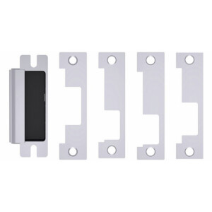 Metal strike plates with varied cutouts on display.