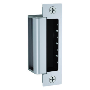 Metal door strike plate with mounting screws.