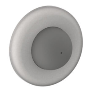 Silver round security hardware with central black dot.