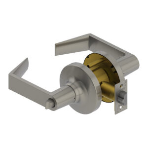 Silver door handle with open installation mechanism.