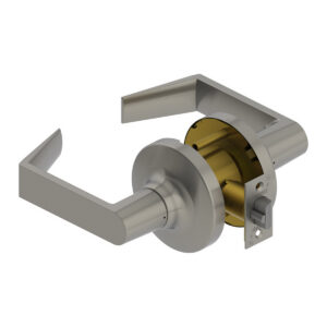 Stainless steel door lever with visible locking mechanism.