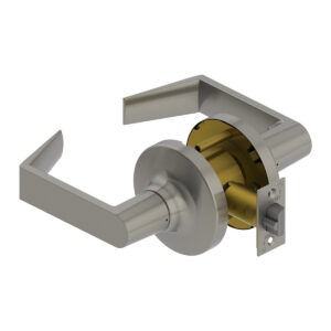 Silver door handle with exposed latch mechanism.