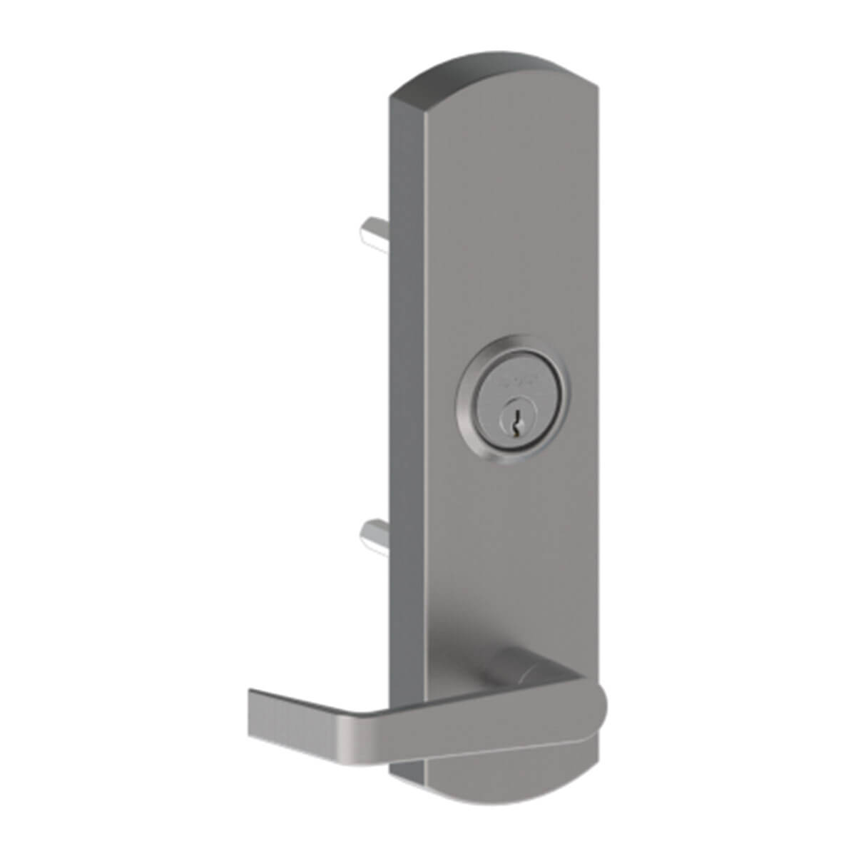 Silver door handle with keyhole, modern design.