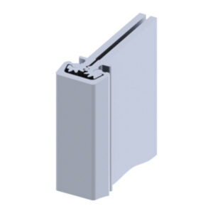 Cross-section of a light gray metal door/window frame profile with a groove along the length, showing a joinable channel edge.