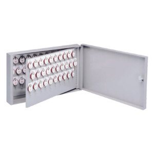 Open key cabinet displaying organized keys on hooks.